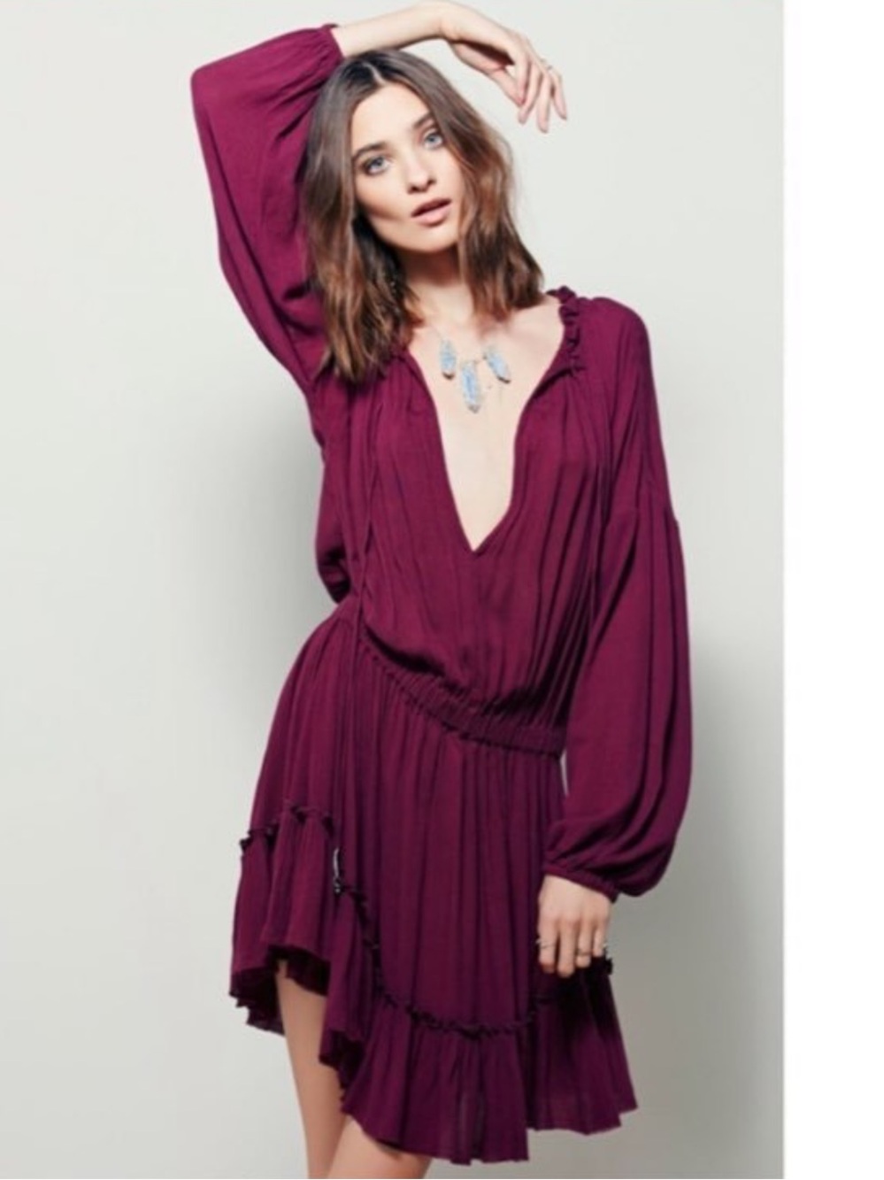 Free People Burgundy Peasant V-Neck Ruffled Mini Dress
